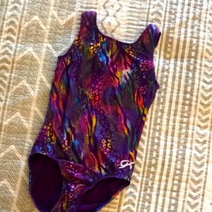 GK Elite leotard L purple w/ rainbow metallic animal print Excellent used con